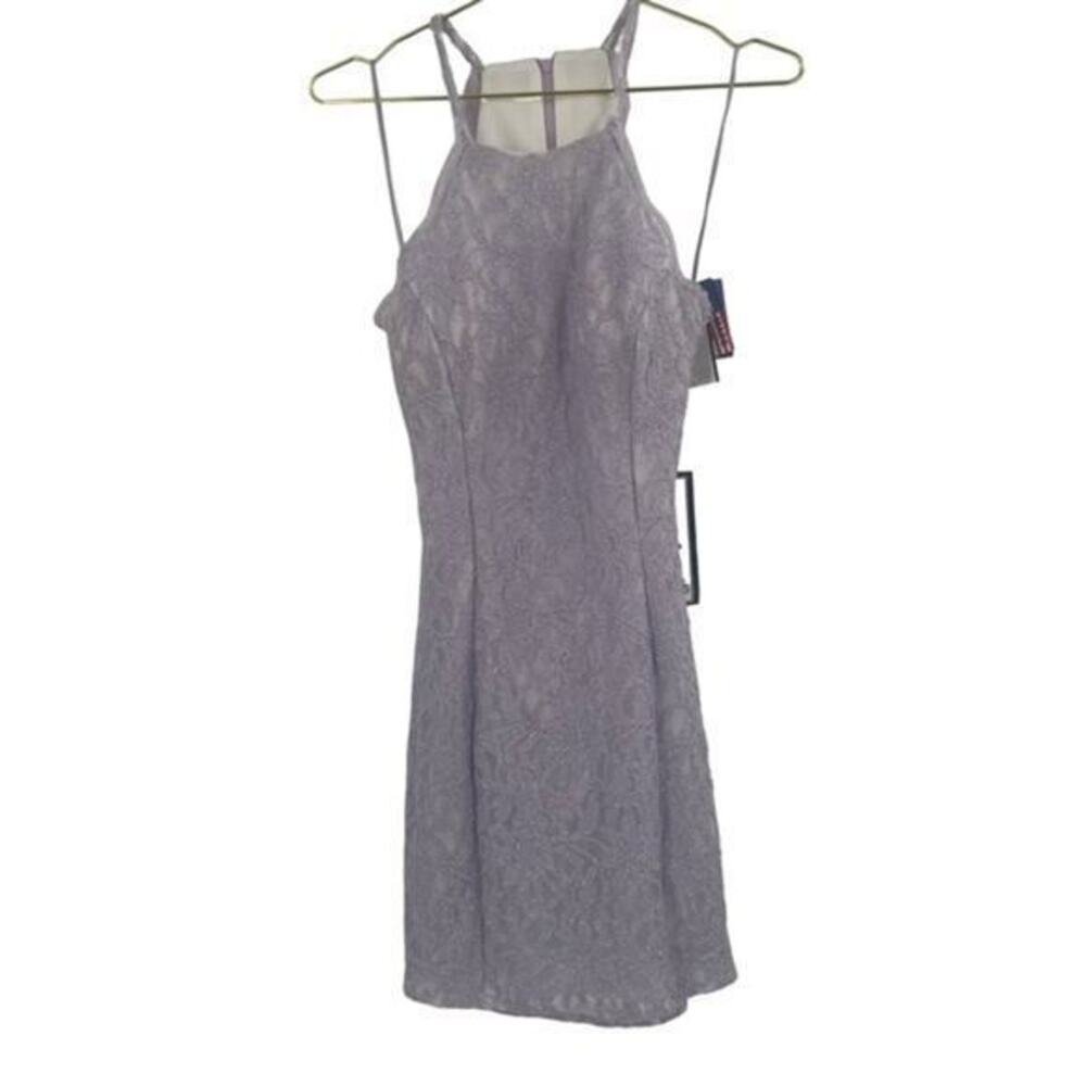 NWT Morgan & Co. Light Purple Shimmery Lace Mini Dress Cut put back size 7
